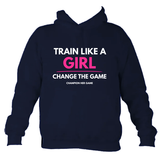 Kids Navy Train Like A Girl hoodie - Champion Her Game technical training wear for youth football.