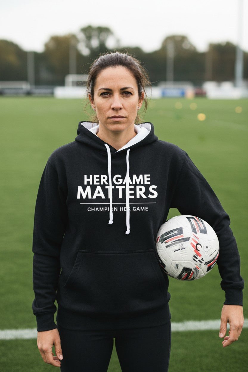 Women's Hoodies, Navy with centre pocket. Her Game Matters and Champion Her Game Empowering sportswear