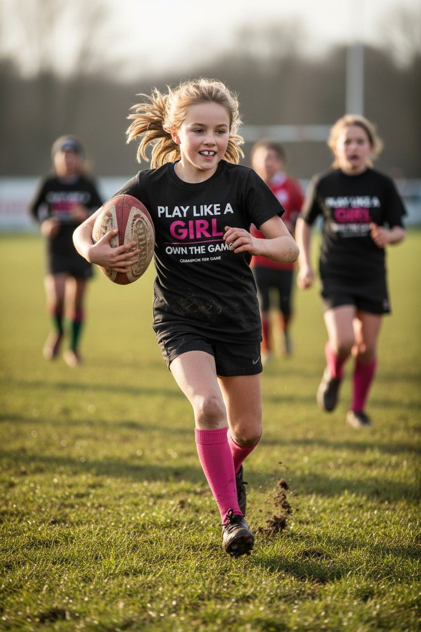 Girls football match action - Play Like a Girl, Own the Game slogan performance t-shirt for grassroots players.