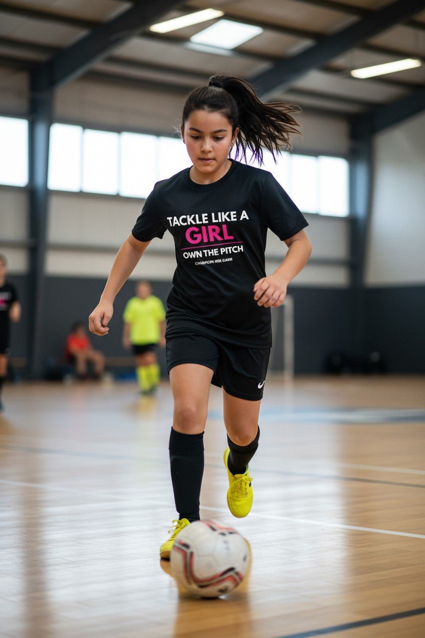 Girls indoor football training in Tackle Like a Girl Own the Pitch slogan tee - Youth futsal apparel