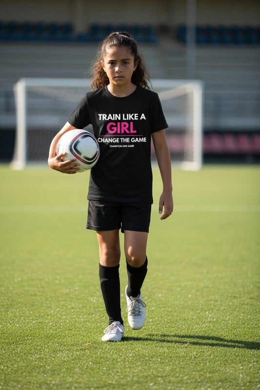 Girls football training drill - Train Like a Girl Own Your Power slogan tee for youth athletes.