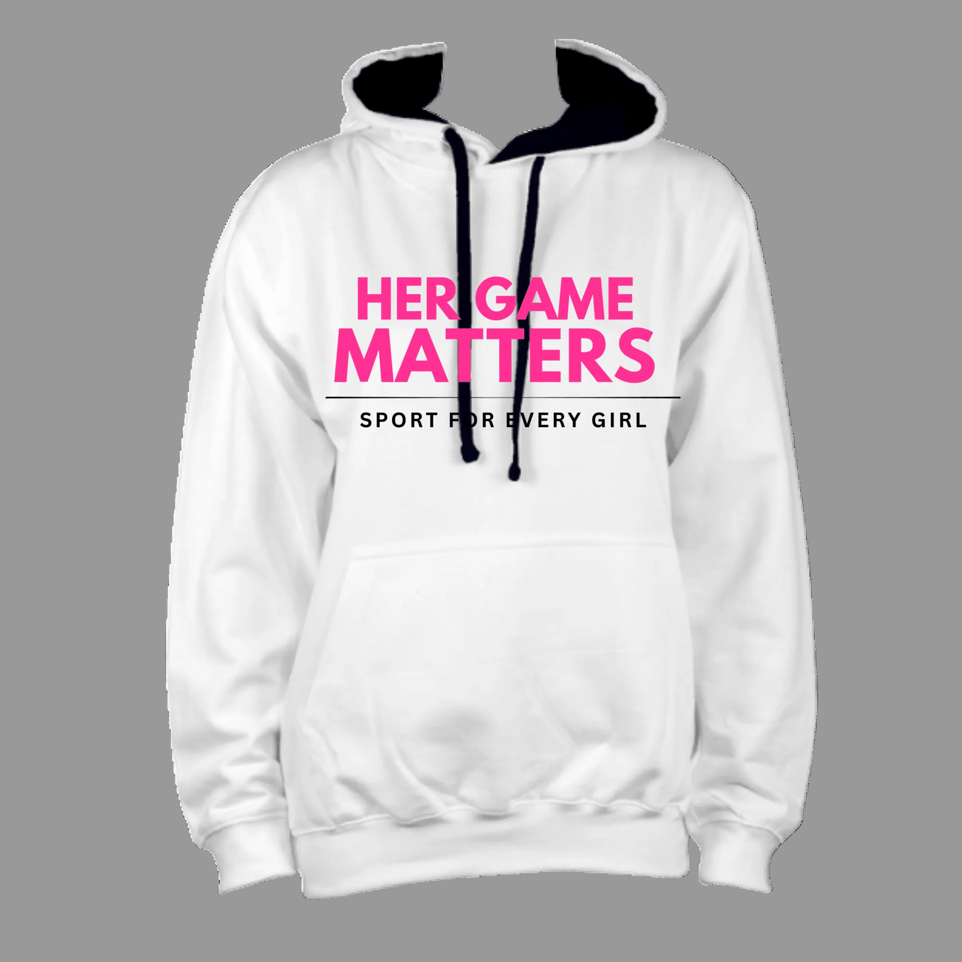 Champion Her Game Women's Hoodie - Comfortable fleece-lined training wear for female athletes. White with black contrast hood