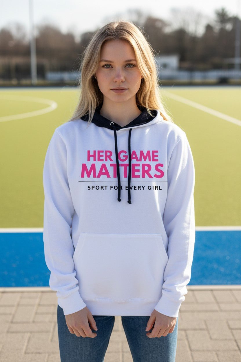 Her Game Matters Women’s Hoodie – Athletic sportswear for hockey, football all sports - White hoodie with contrast black hood