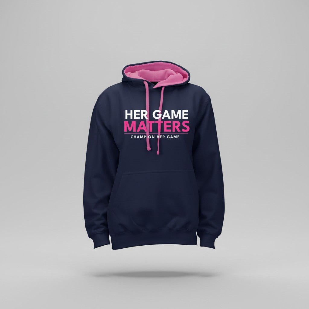Her Game Matters Women's Hoodie - Premium sportswear for mums and female sports supporters. Navy with contrast pink hood