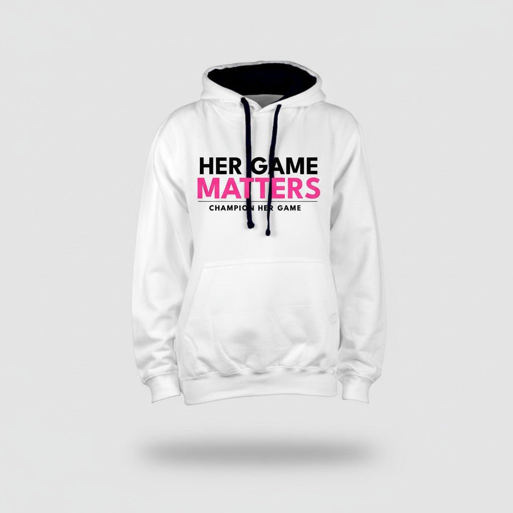 Her Game Matters ladies hoodie - Empowering gift for female coaches and sports enthusiasts UK. White with black contrast hood