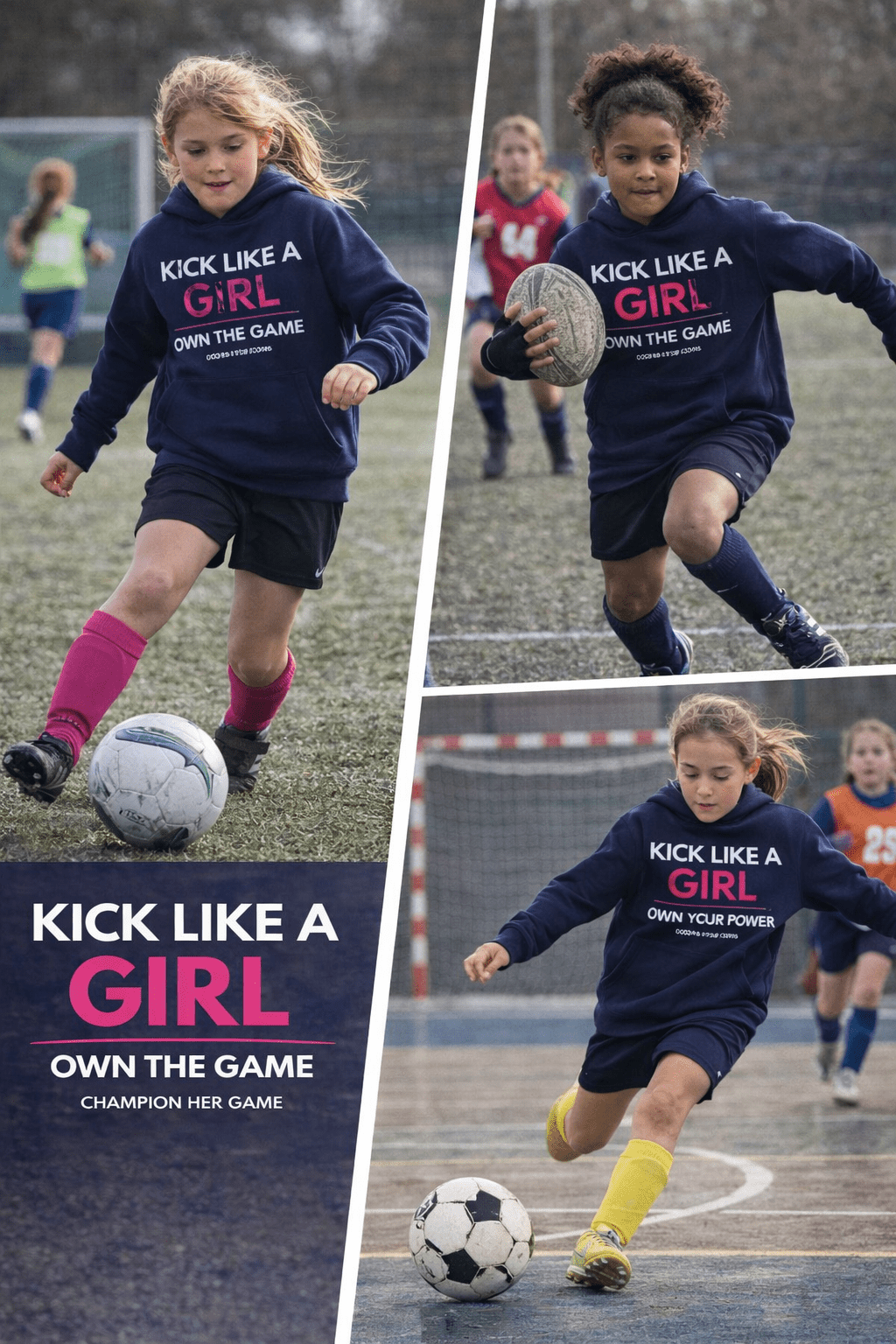 Young football players training in Kick Like a Girl hoodies - Team performance wear for girls grassroots sports