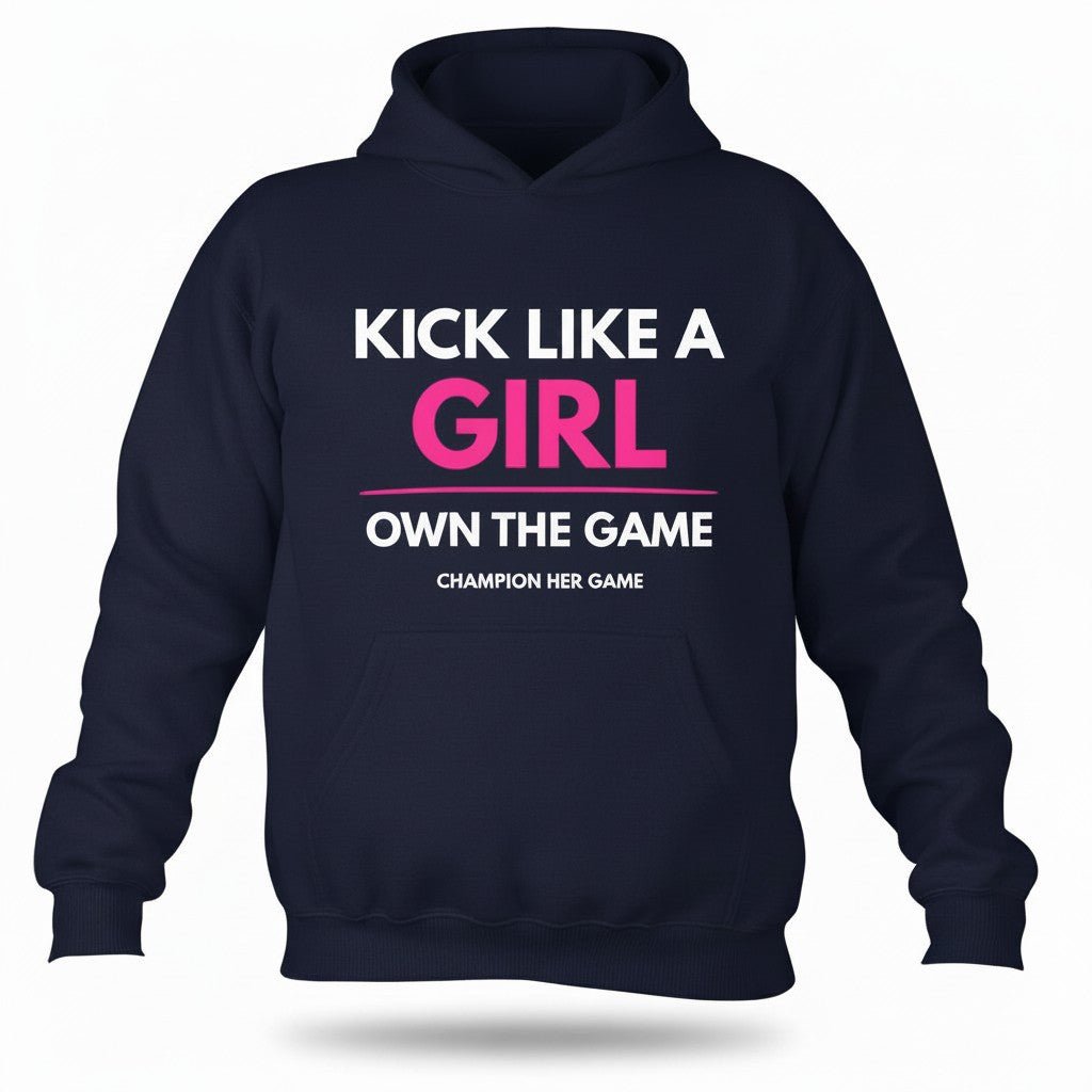 Navy and White kids sports hoodie - Kick Like a Girl premium fleece hoodie for girls sports teams