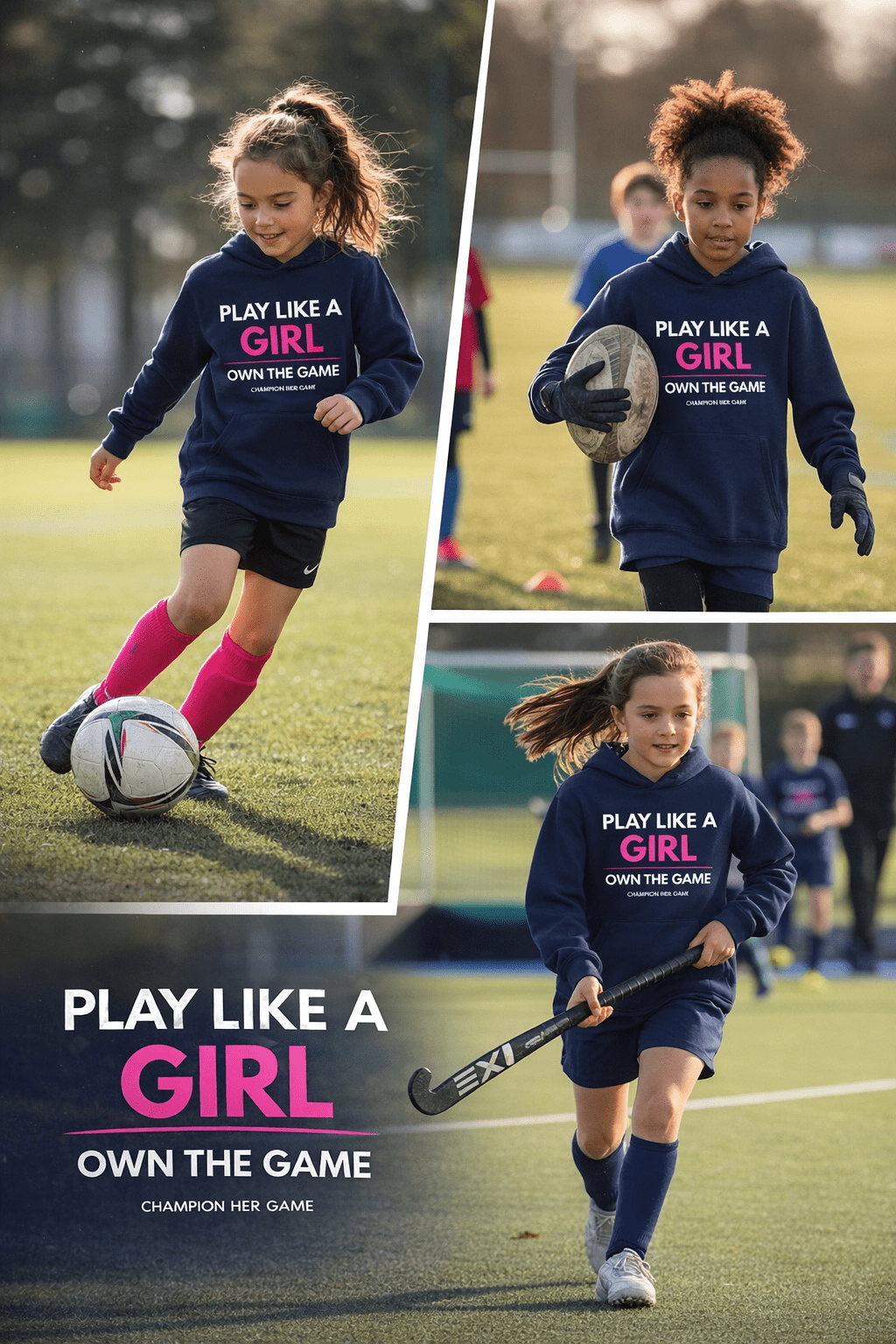 Girls football training in Play Like a Girl Navy hoodie - Empowering kids sports performance wear UK.