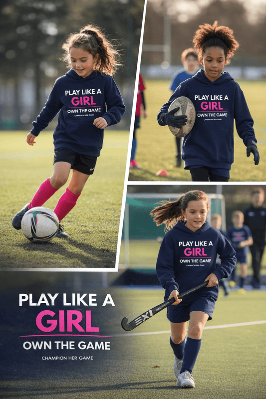 Girls football training in Play Like a Girl Navy hoodie - Empowering kids sports performance wear UK.