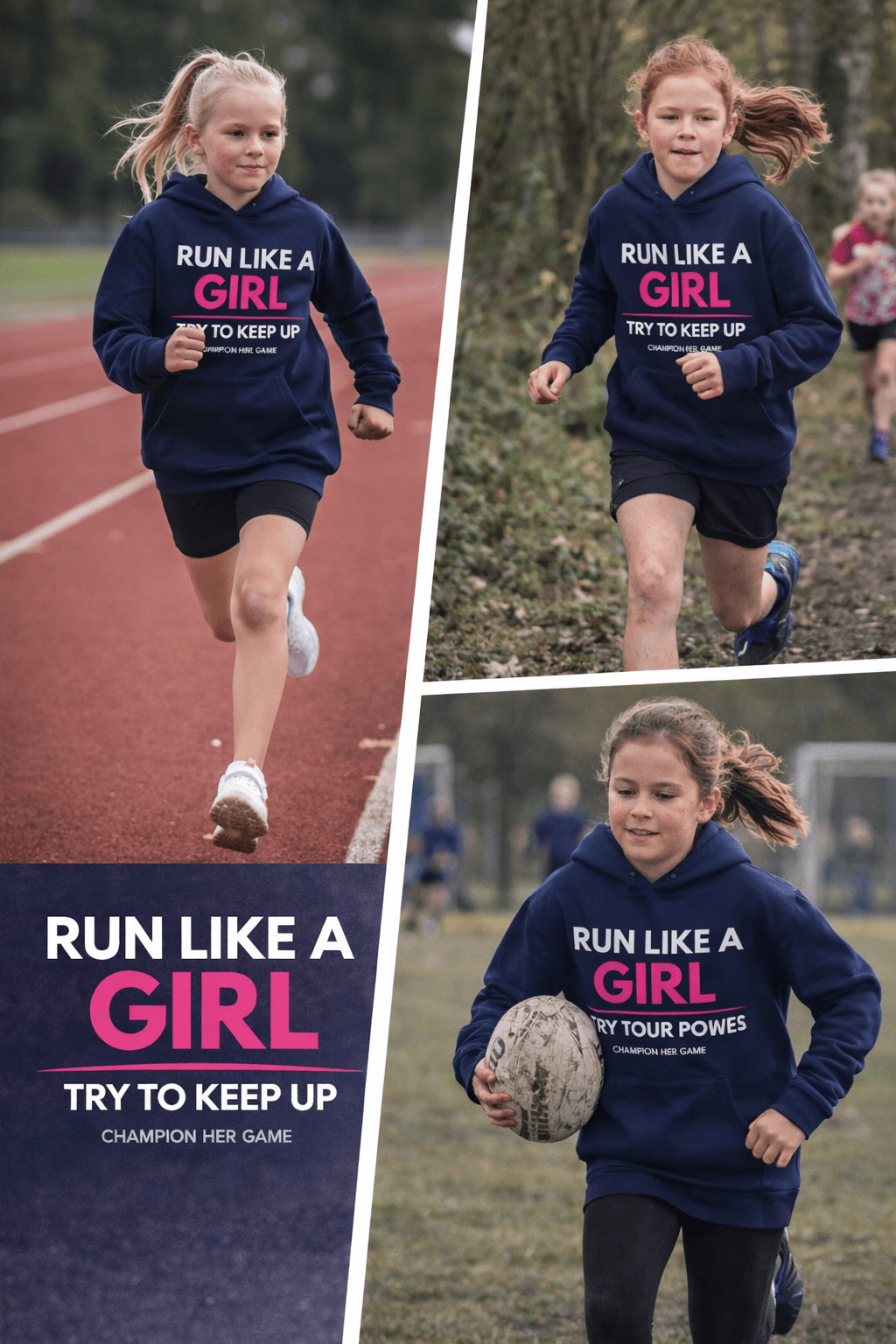Young athlete running in Run Like A Girl Navy hoodie - Try To Keep Up slogan kids sports performance wear UK.