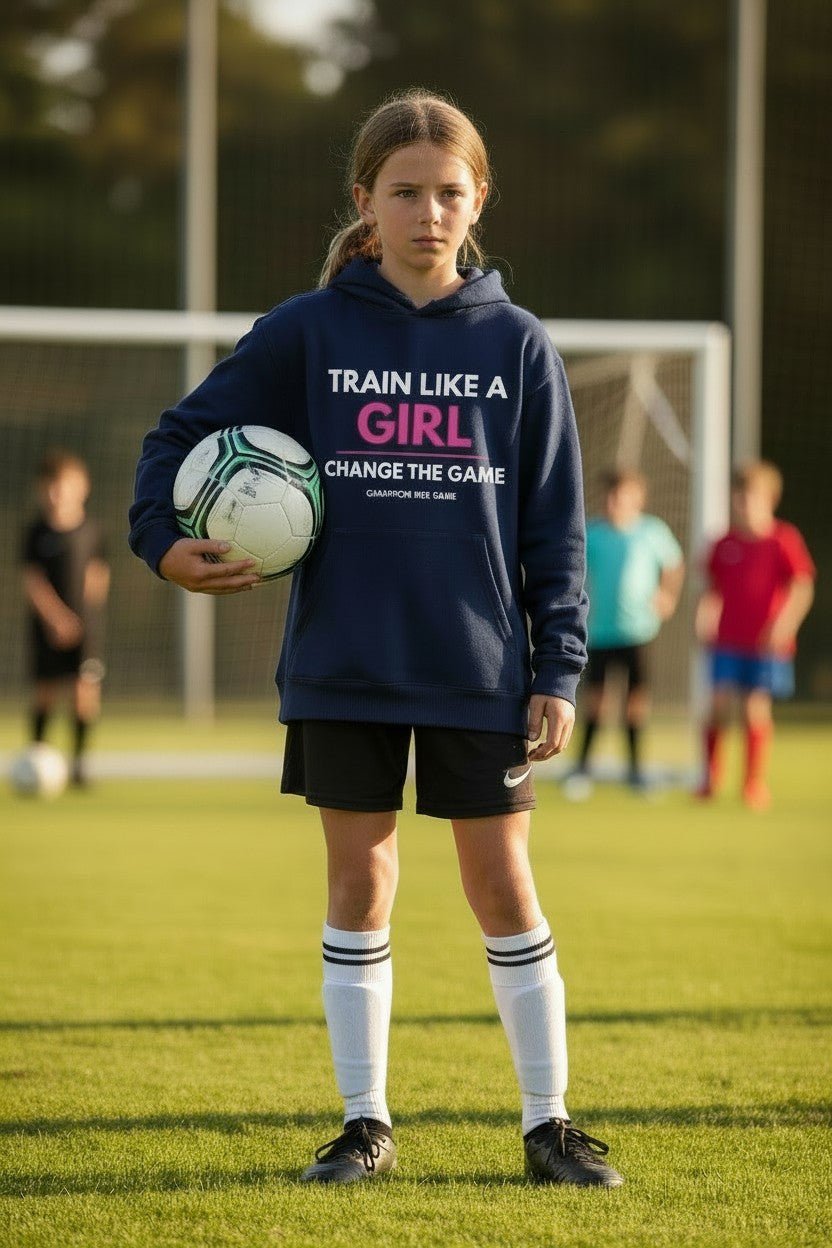 Young girl training in Train Like A Girl hoodie - High-performance sportswear for female youth athletes.