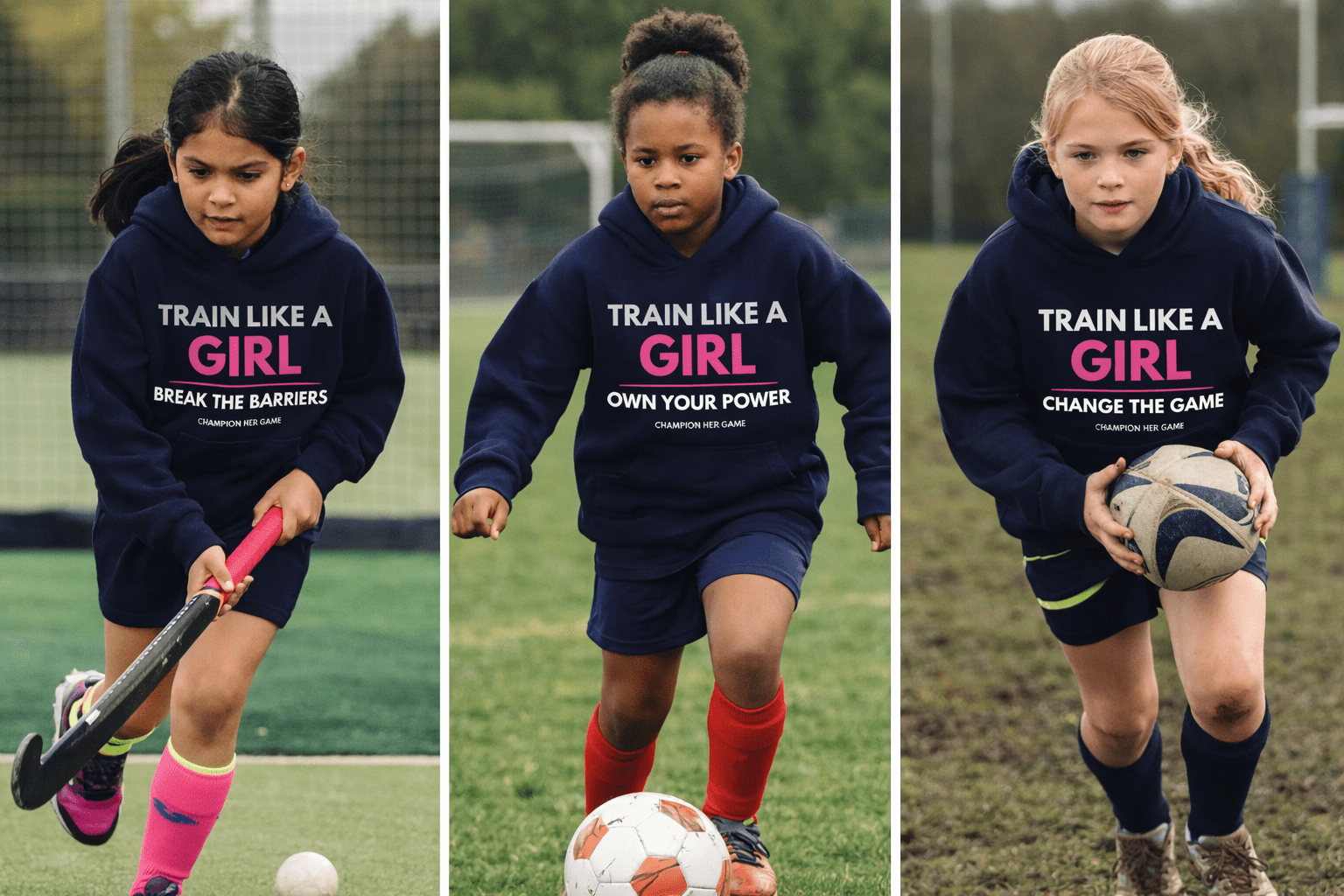 Squad of girls training in Train Like A Girl Navy hoodies - Team sportswear for grassroots football clubs.
