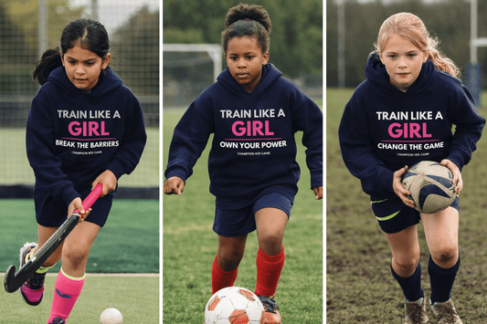 Squad of girls training in Train Like A Girl Navy hoodies - Team sportswear for grassroots football clubs.